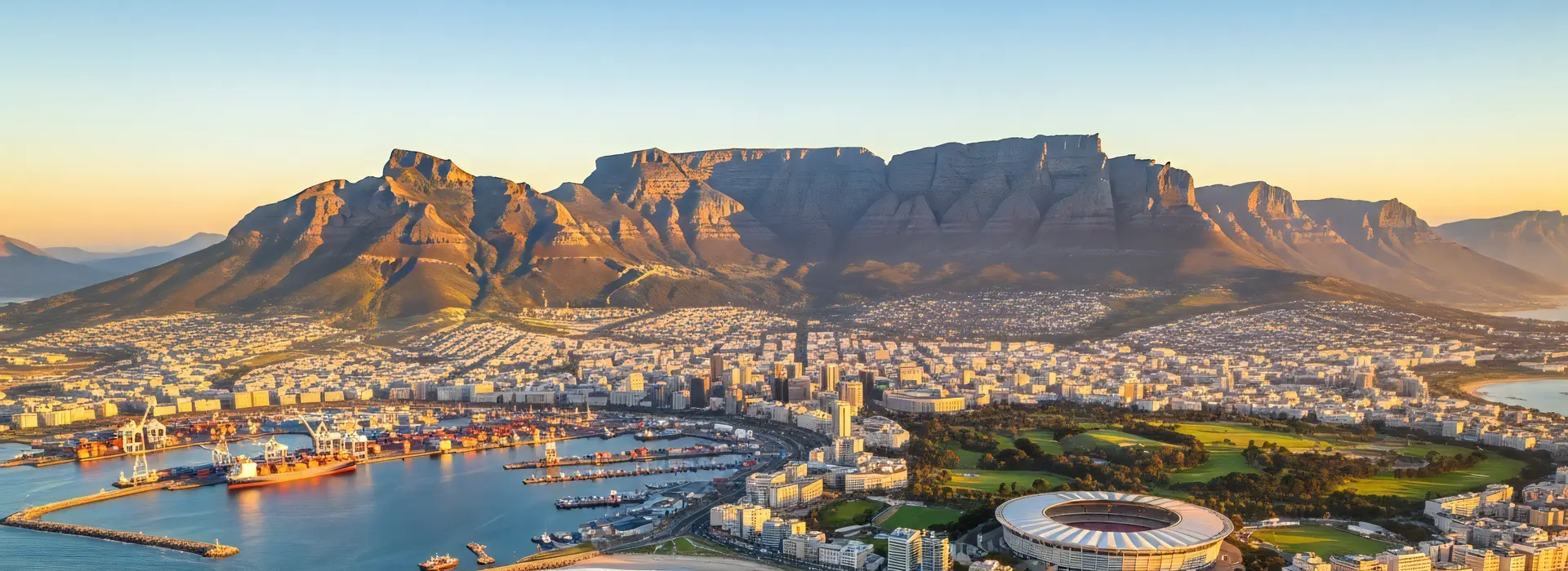 Aerial view of Cape Town and Table Mountain at sunrise